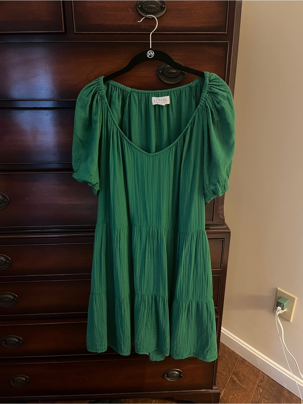 Velvet by Graham & Spencer Emerald Green Puff Sleeve Tiered Mini Dress